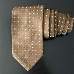 Bijoux Terner Cappuccino Brown Silk Tie, Gold & White Pattern, Perfect for Fall